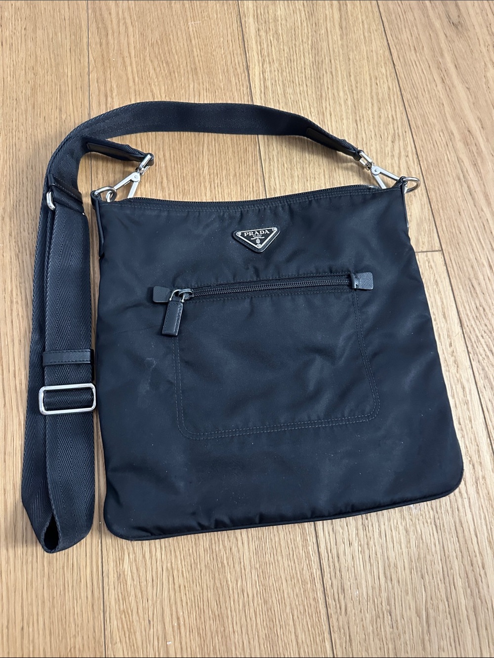 Prada Black Nylon Messenger Bag with Front Zip Pocket